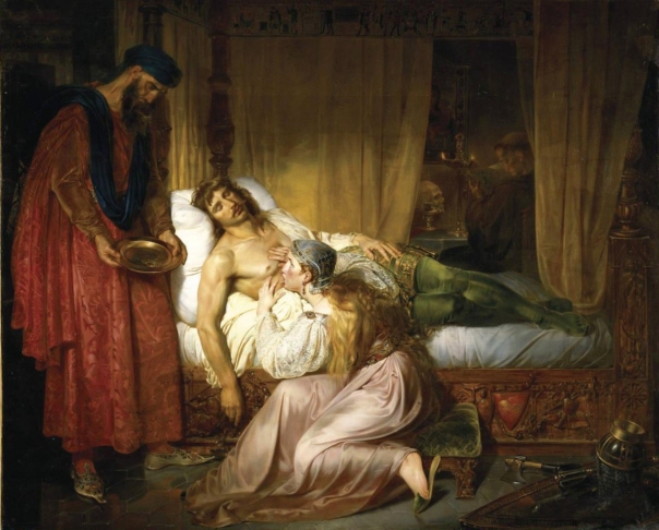 La princesse Sybille de Conversano suçant le poison de la blessure de son mari Robert Courteheuse, duc de Normandie, par Félix Auvray (1835).
